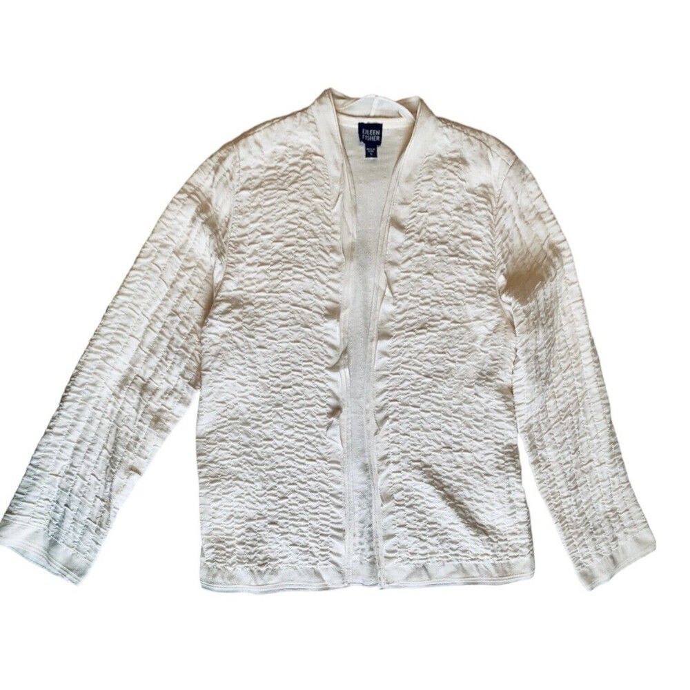 Eileen Fisher High Collar Crinkled Silk Open Jacket Ivory White Sz Small - Picture 3 of 10